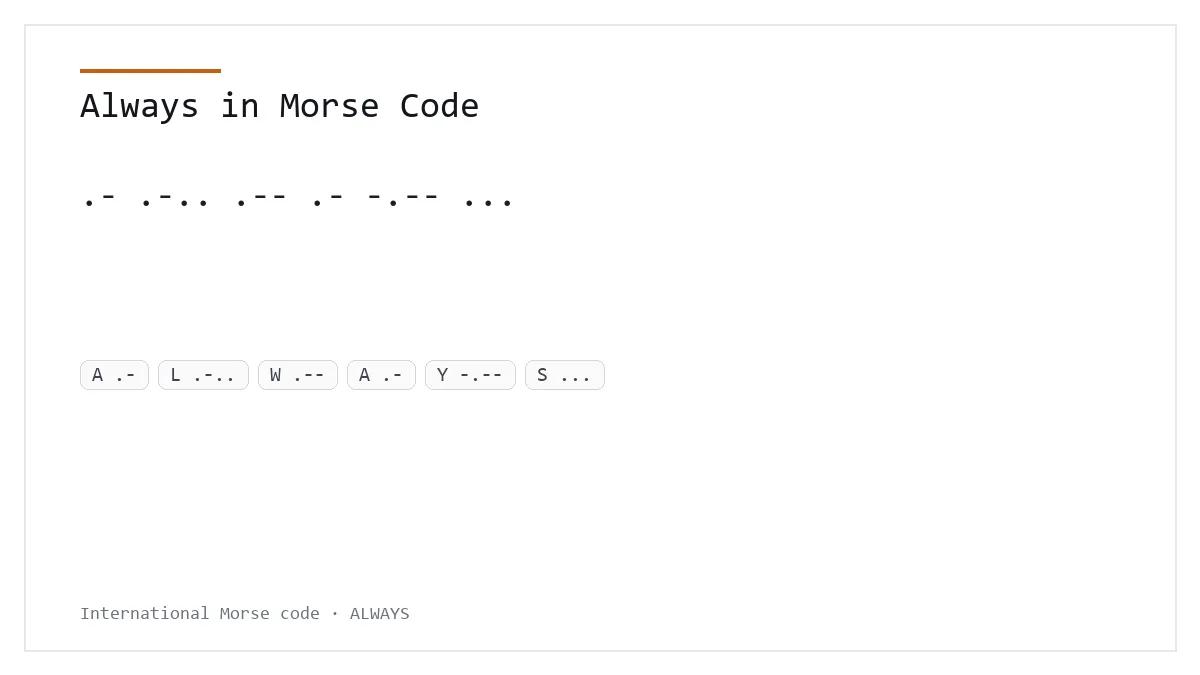 Always in Morse Code — .- .-.. .-- .- -.-- ... International Morse phrase card