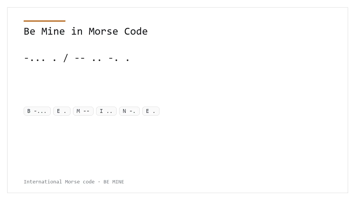 Be Mine in Morse Code — -... . / -- .. -. . International Morse phrase card
