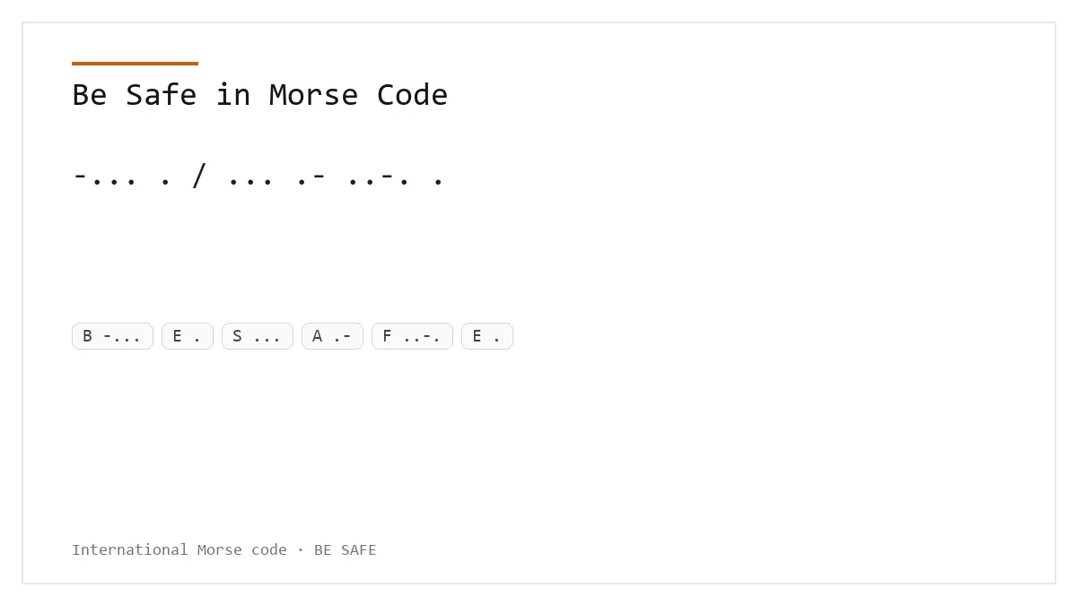 Be Safe in Morse Code — -... . / ... .- ..-. . International Morse phrase card