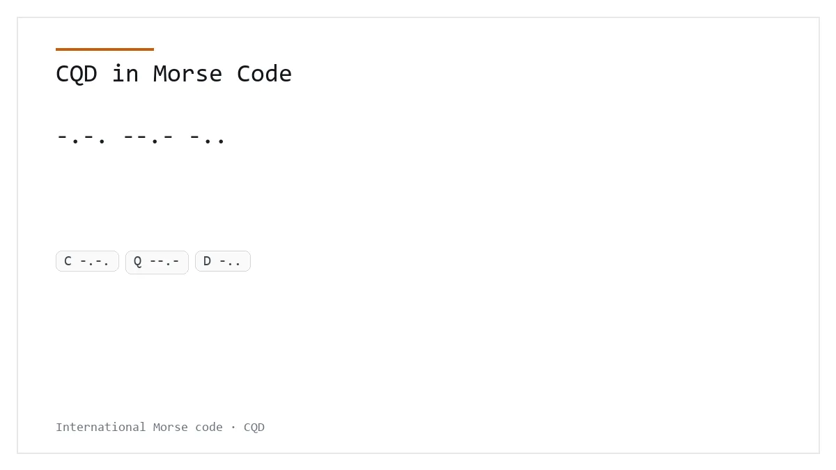 CQD in Morse Code — -.-. --.- -.. International Morse distress call card