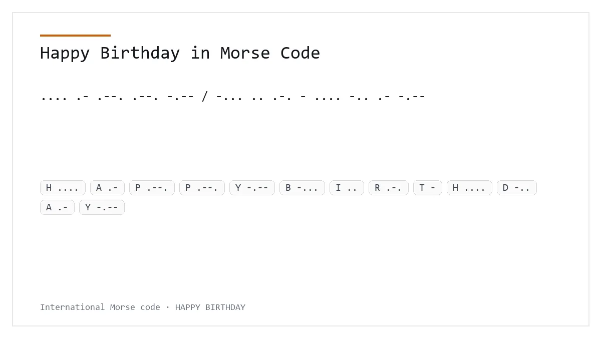 Feliz cumpleaños en código Morse: .... .- .--. .--. -.-- / -... .. .-. - .... -.. .- -.--