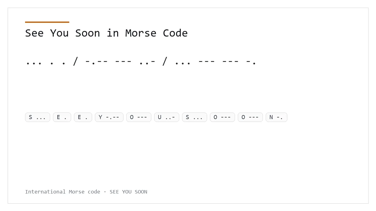 See You Soon in Morse Code — ... . . / -.-- --- ..- / ... --- --- -. International Morse phrase card