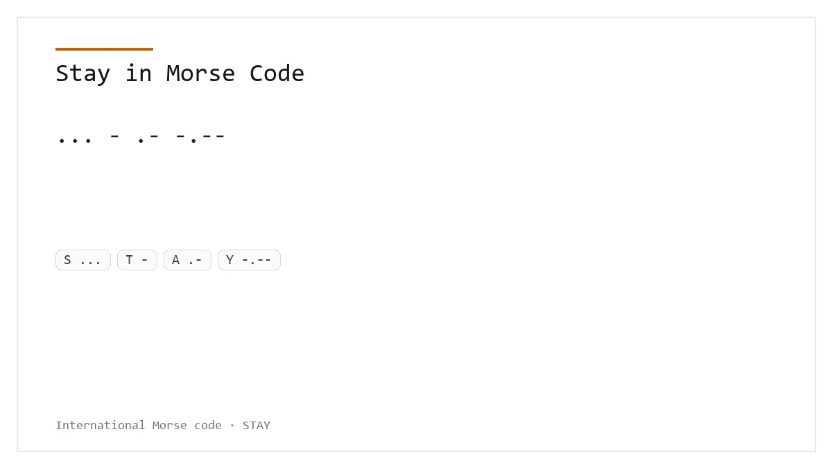 Stay in Morse Code — ... - .- -.-- International Morse word card